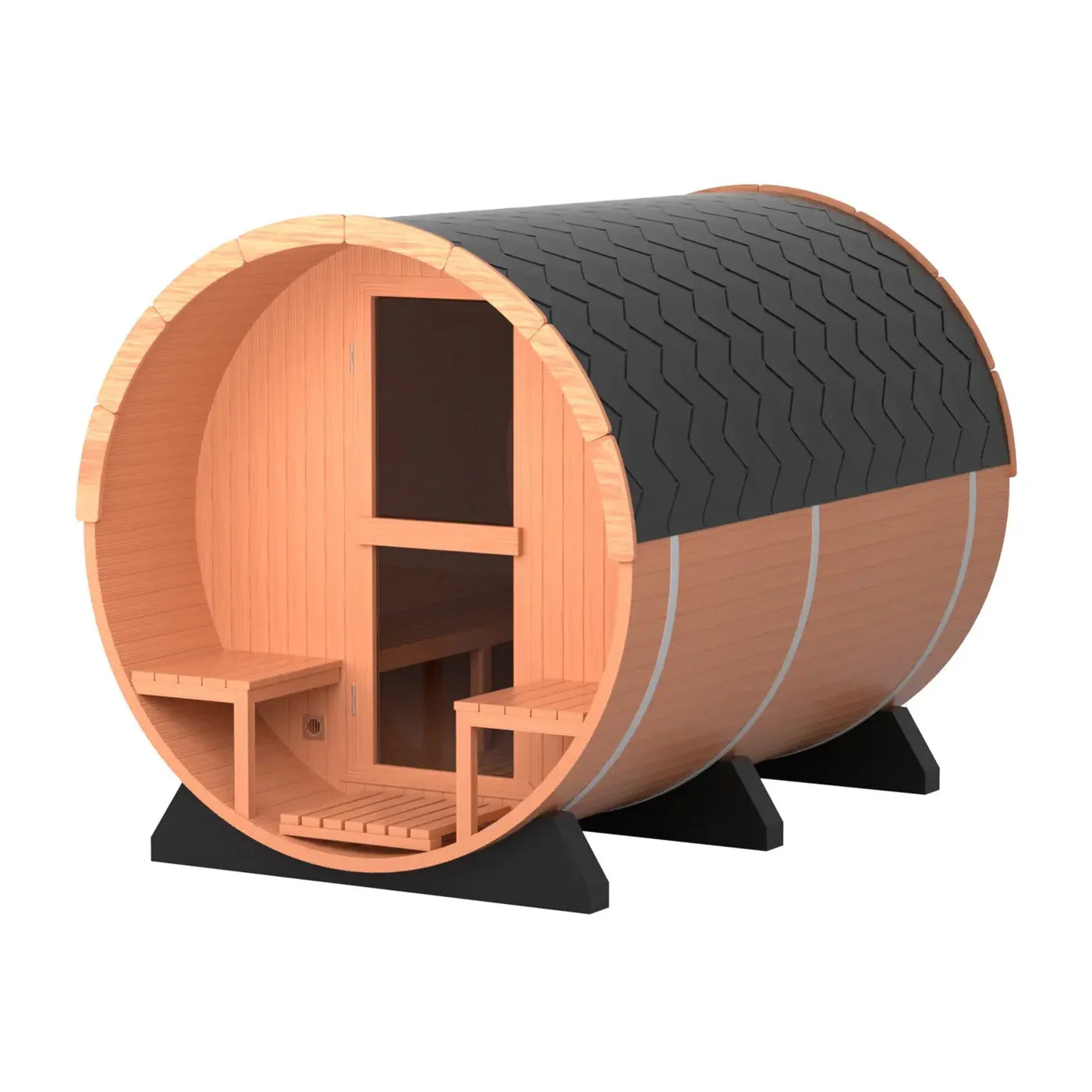 6 Person Woodburning Outdoor barrel sauna w/Front Porch and Panoramic Glass