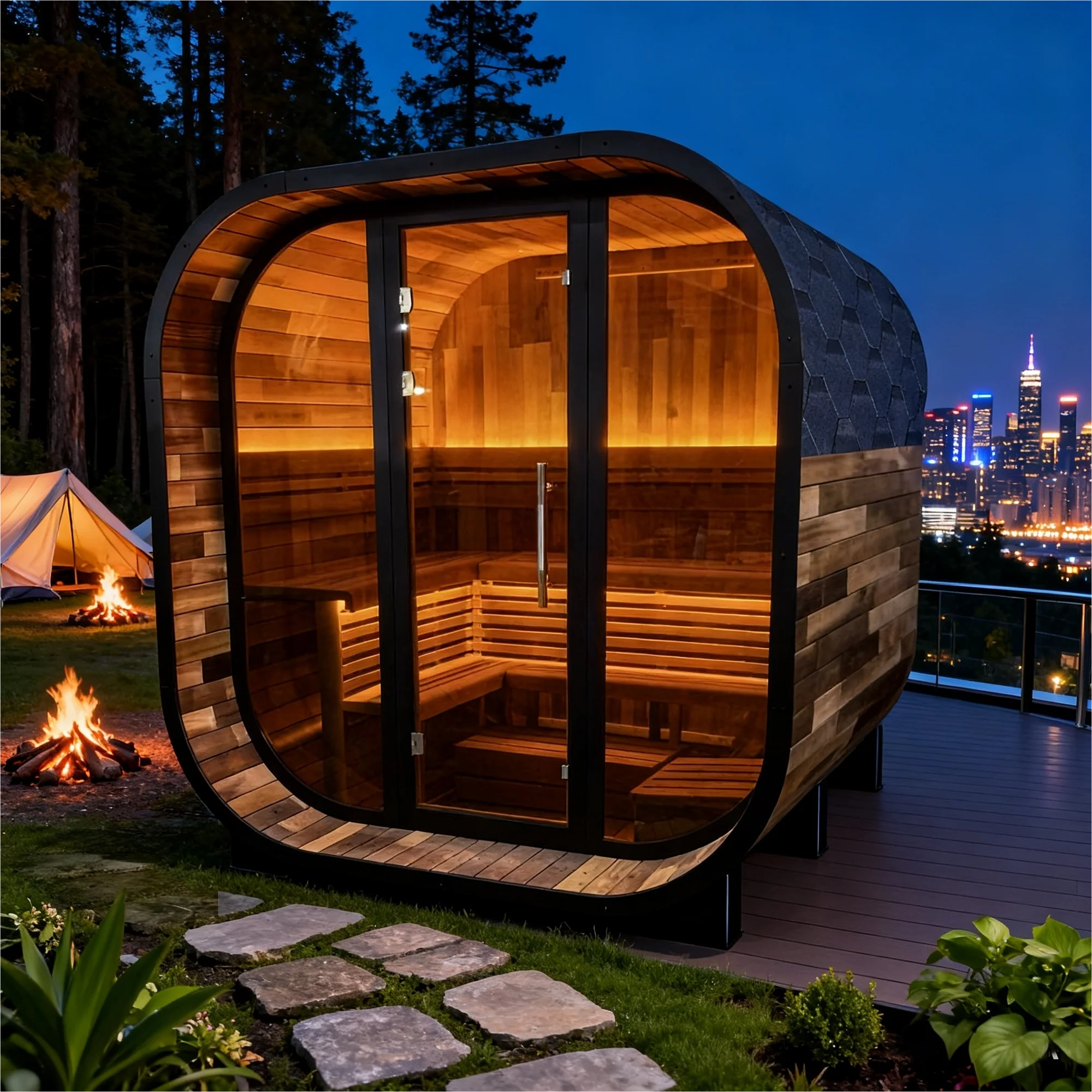 New 4-6person Black Square Premium Patchwork Red Cedar Outdoor Sauna