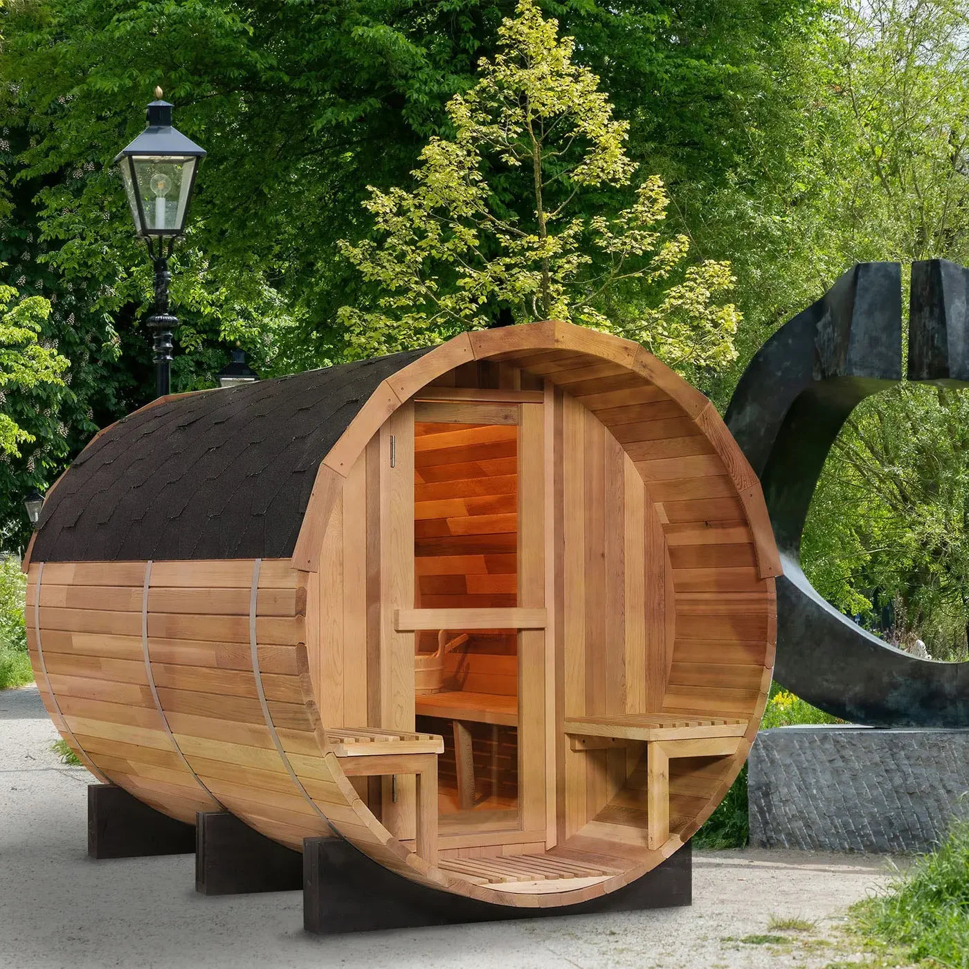 6 Person Outdoor Barrel Sauna with Front Porch
