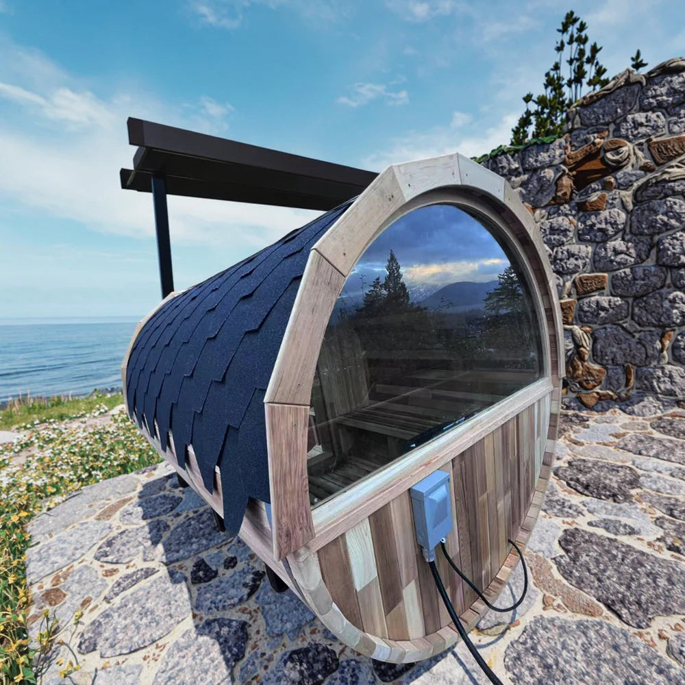 6 Person Outdoor Barrel Sauna w/Front Porch,Patchwork RedCedar Traditional Steam Barrel Sauna Kit w/Half-viewing Window