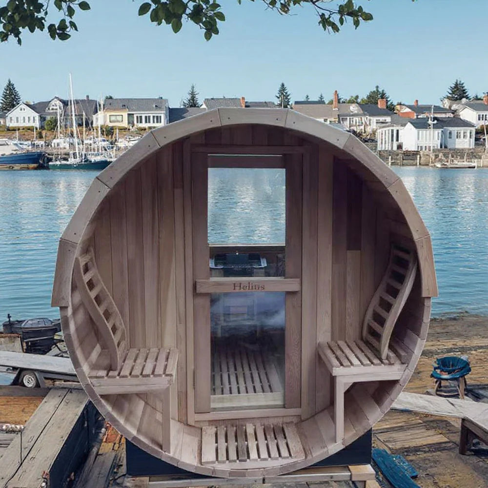 6 Person Outdoor Barrel Sauna w/Front Porch,Patchwork RedCedar Traditional Steam Barrel Sauna Kit w/Half-viewing Window