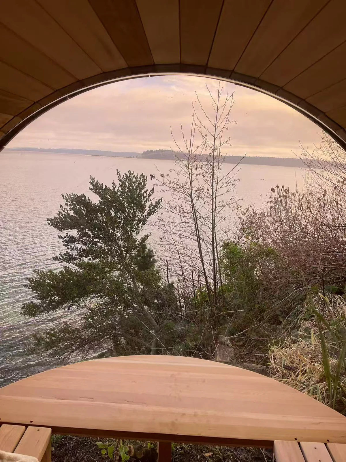 6 Person Woodburning Outdoor barrel sauna w/Front Porch and Panoramic Glass