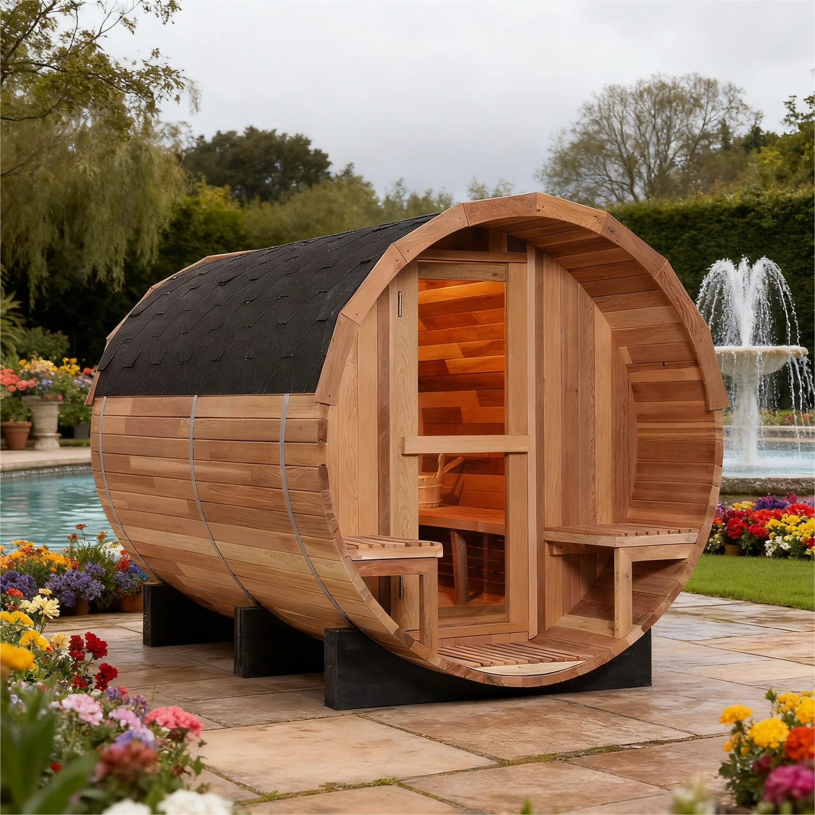 6 Person Outdoor Barrel Sauna with Front Porch