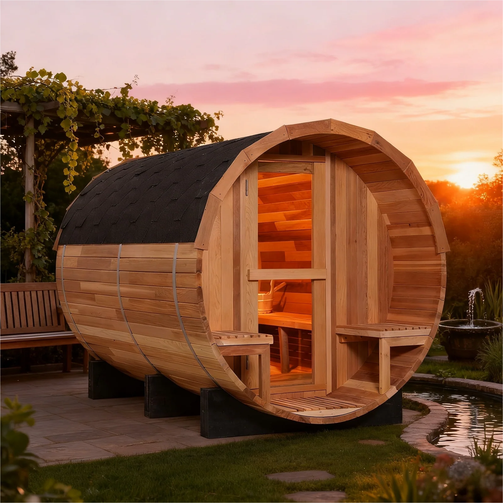 6 Person Outdoor Barrel Sauna with Front Porch