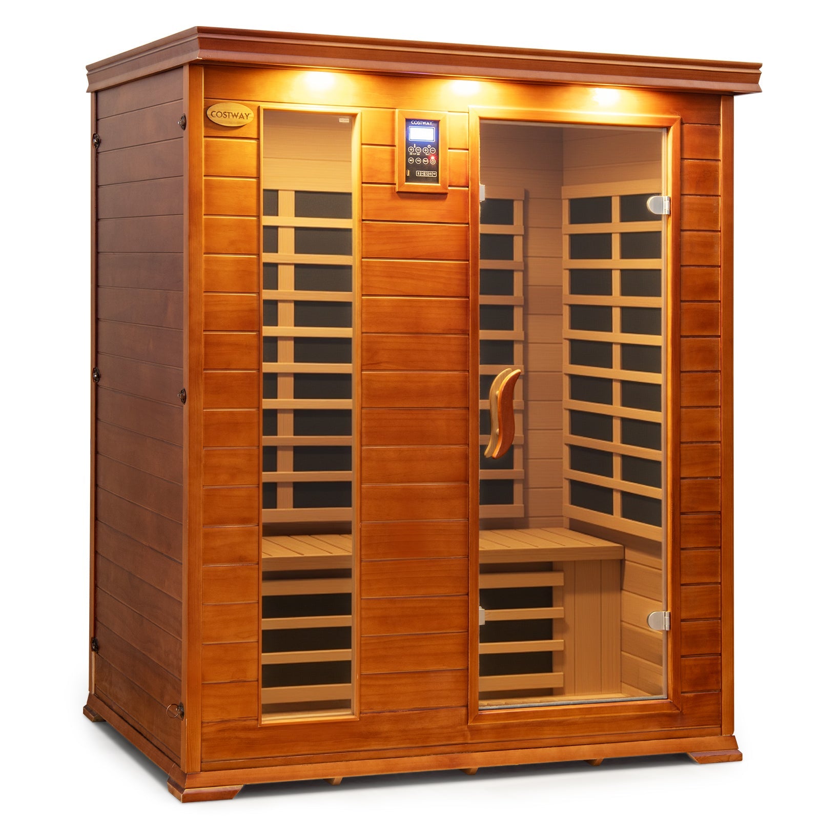 Costway- 2025 Model- 3 Person Infrared Sauna, Canadian Red Cedar Wood Far Infrared Sauna Room with 10 Carbon Heaters, Bluetooth Speakers, Reading Light, Indoor Personal Spa for Home Gym Relaxation- Low EMF