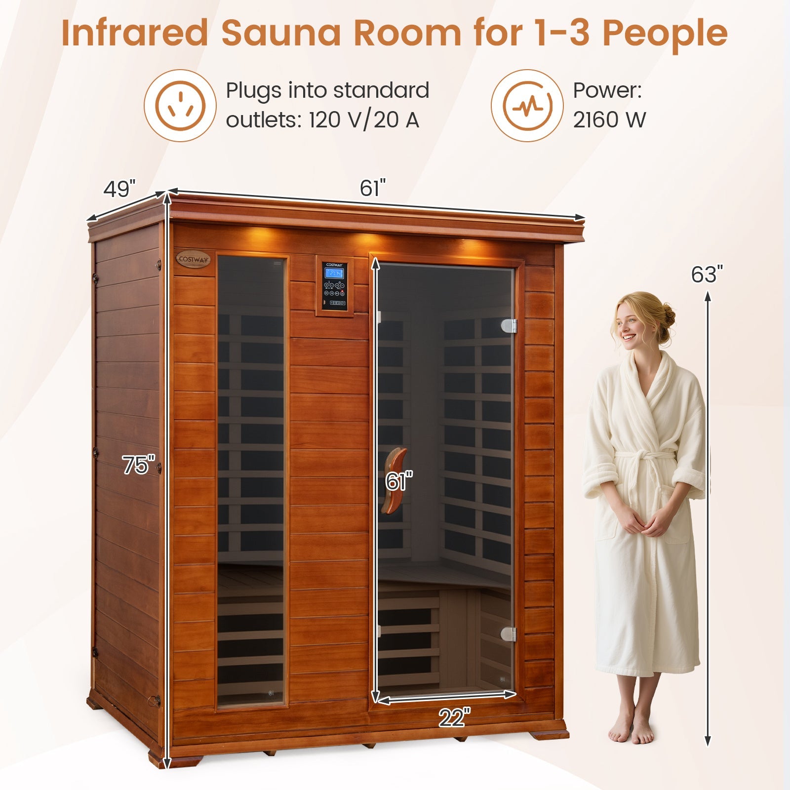 Costway- 2025 Model- 3 Person Infrared Sauna, Canadian Red Cedar Wood Far Infrared Sauna Room with 10 Carbon Heaters, Bluetooth Speakers, Reading Light, Indoor Personal Spa for Home Gym Relaxation- Low EMF