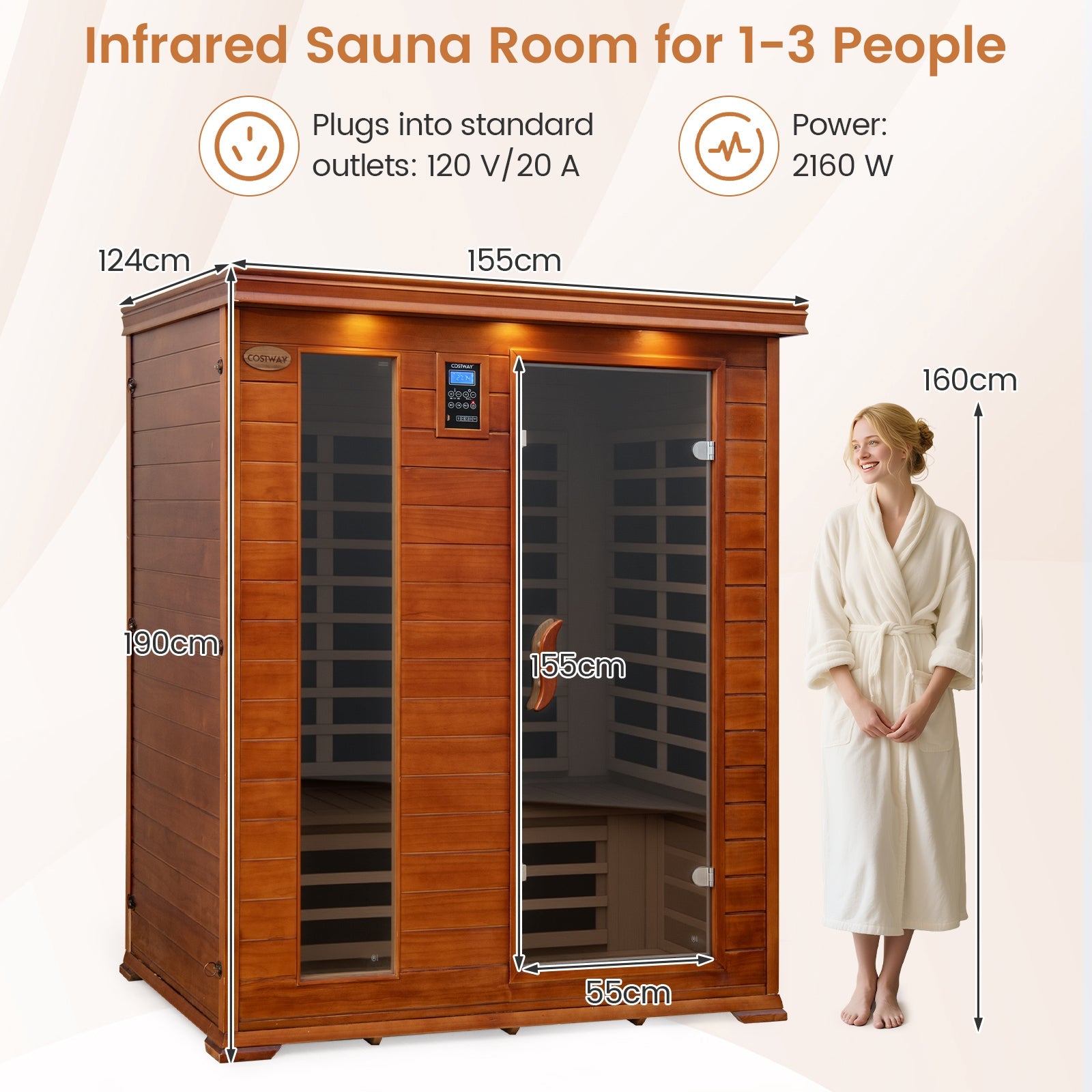 Costway- 2025 Model- 3 Person Infrared Sauna, Canadian Red Cedar Wood Far Infrared Sauna Room with 10 Carbon Heaters, Bluetooth Speakers, Reading Light, Indoor Personal Spa for Home Gym Relaxation- Low EMF