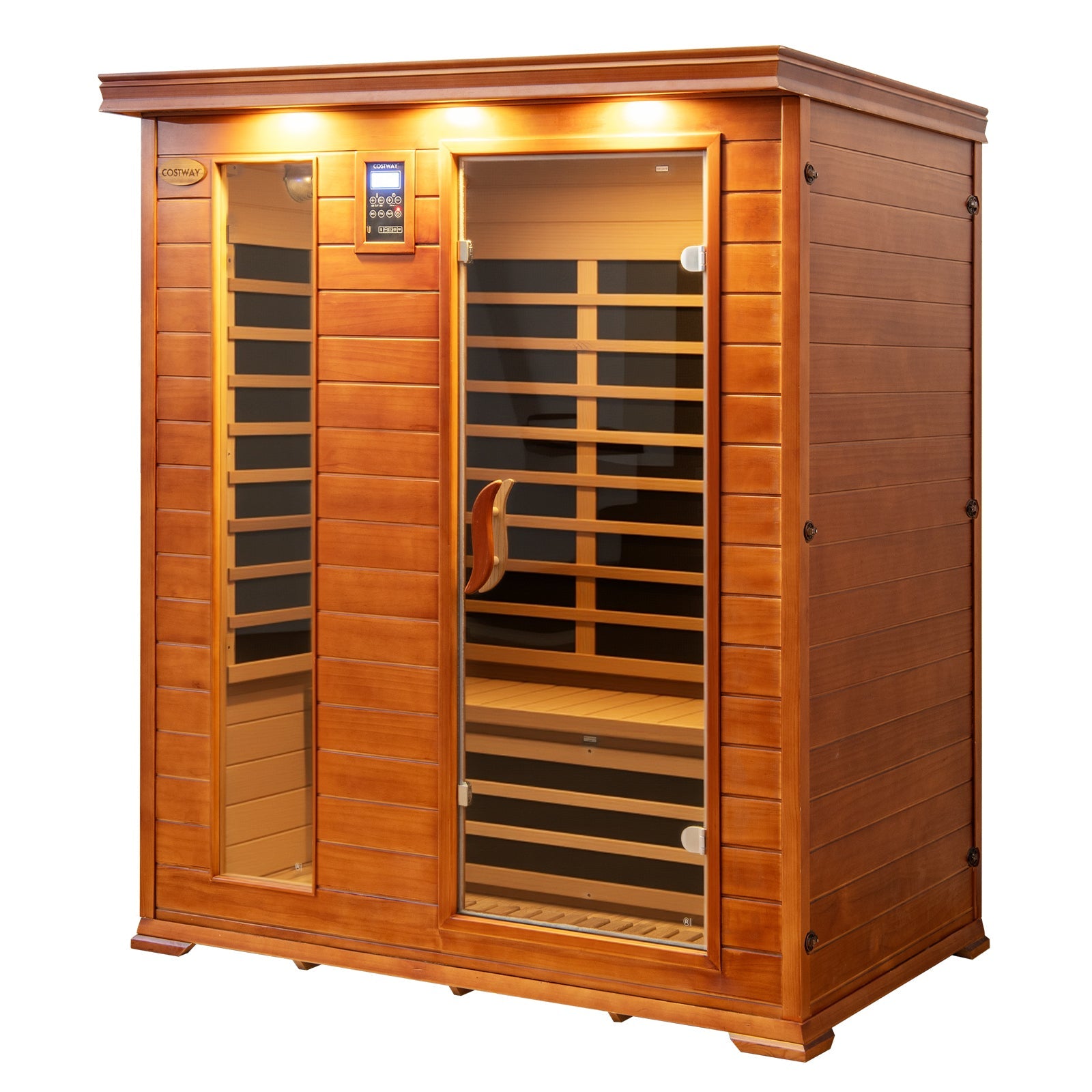 Costway- 2025 Model- 3 Person Infrared Sauna, Canadian Red Cedar Wood Far Infrared Sauna Room with 10 Carbon Heaters, Bluetooth Speakers, Reading Light, Indoor Personal Spa for Home Gym Relaxation- Low EMF
