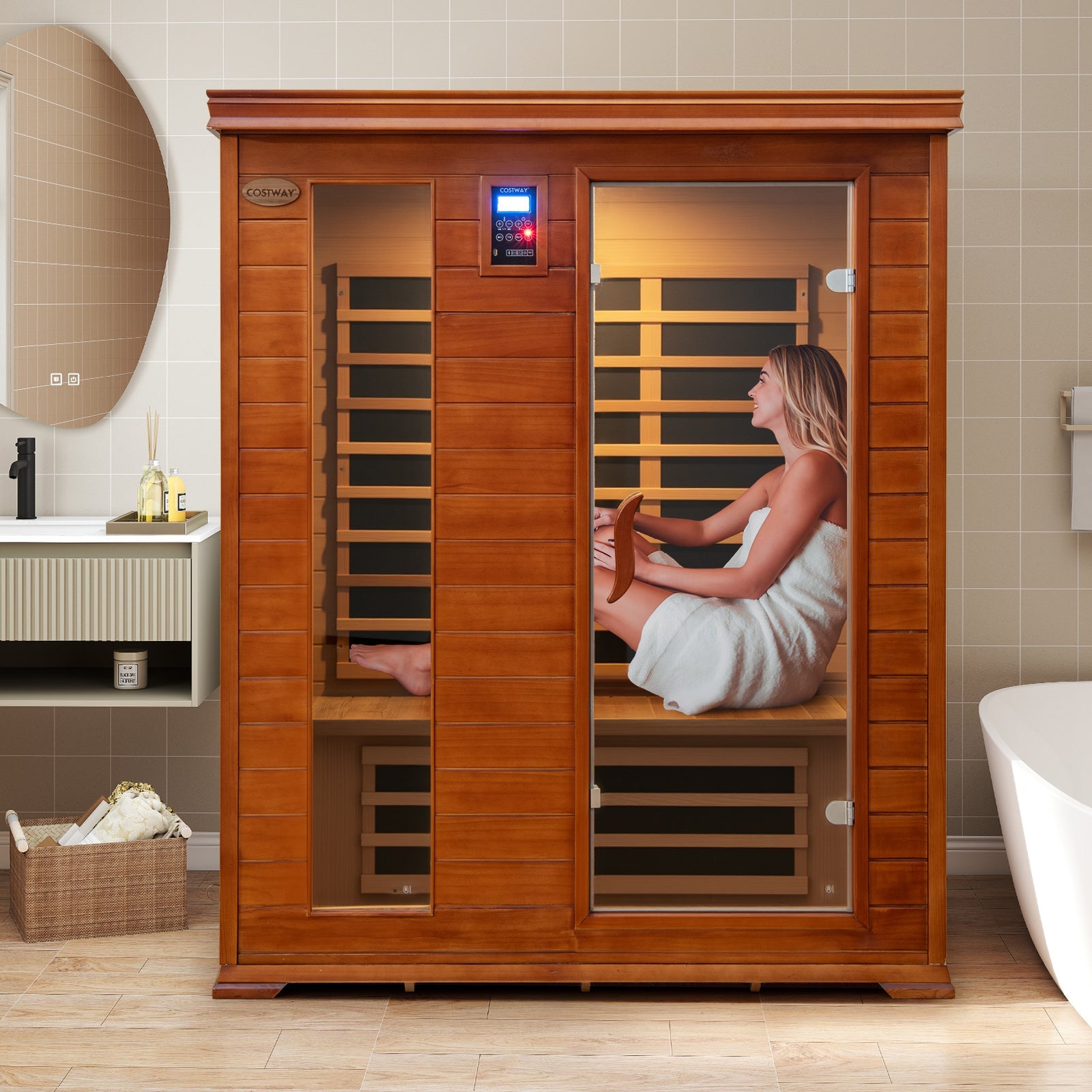 Costway- 2025 Model- 3 Person Infrared Sauna, Canadian Red Cedar Wood Far Infrared Sauna Room with 10 Carbon Heaters, Bluetooth Speakers, Reading Light, Indoor Personal Spa for Home Gym Relaxation- Low EMF