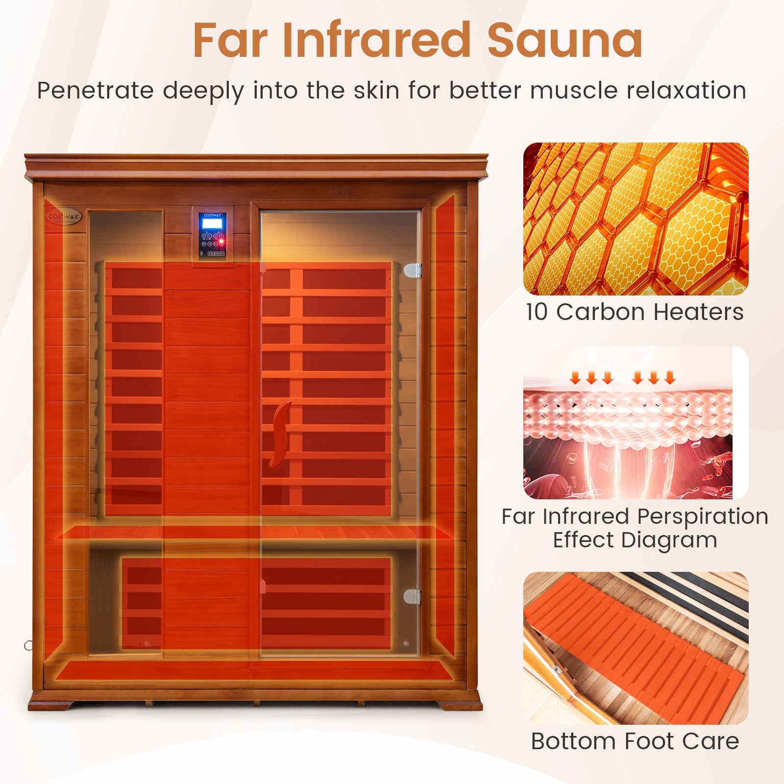 Costway- 2025 Model- 3 Person Infrared Sauna, Canadian Red Cedar Wood Far Infrared Sauna Room with 10 Carbon Heaters, Bluetooth Speakers, Reading Light, Indoor Personal Spa for Home Gym Relaxation- Low EMF