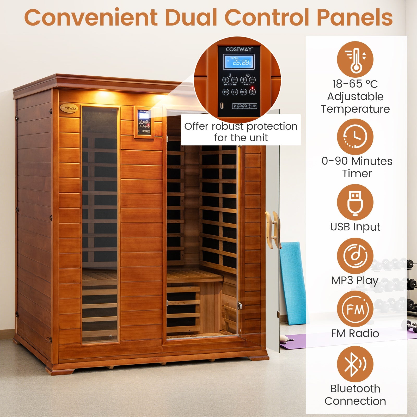 Costway- 2025 Model- 3 Person Infrared Sauna, Canadian Red Cedar Wood Far Infrared Sauna Room with 10 Carbon Heaters, Bluetooth Speakers, Reading Light, Indoor Personal Spa for Home Gym Relaxation- Low EMF