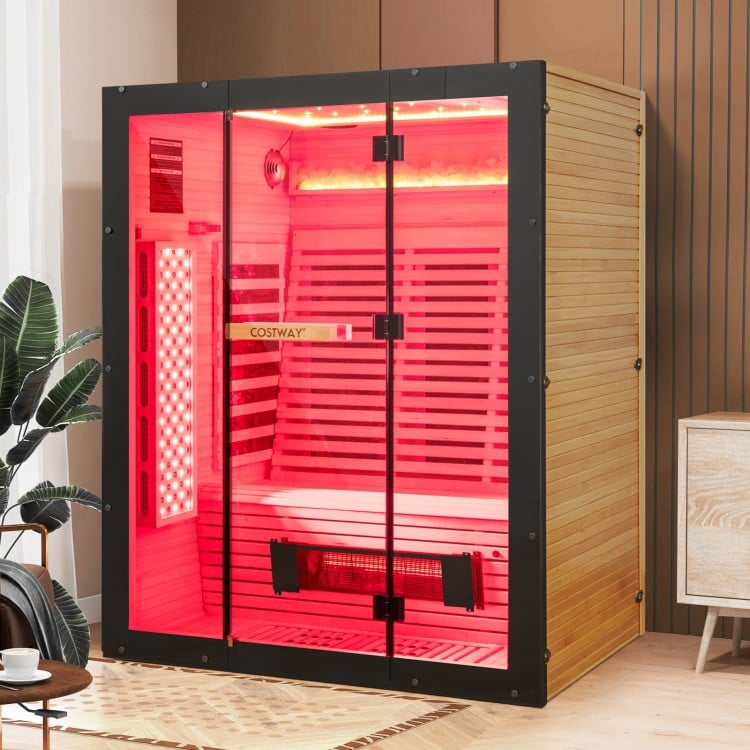 (Open Box) Top Seller-2025 Model-Costway- Premium 3-4 Person Full Spectrum Sauna With Red Light And Himalayan Salt Bar- Fully Loaded-App Controlled-Low EMF