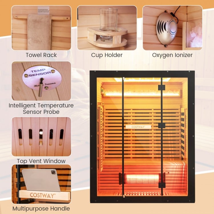 (Open Box) Top Seller-2025 Model-Costway- Premium 3-4 Person Full Spectrum Sauna With Red Light And Himalayan Salt Bar- Fully Loaded-App Controlled-Low EMF