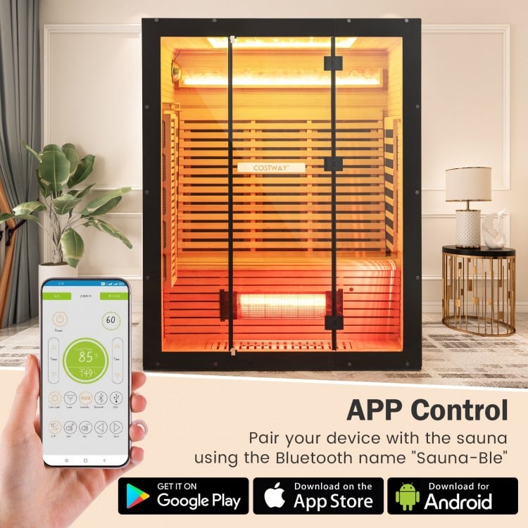 (Open Box) Top Seller-2025 Model-Costway- Premium 3-4 Person Full Spectrum Sauna With Red Light And Himalayan Salt Bar- Fully Loaded-App Controlled-Low EMF
