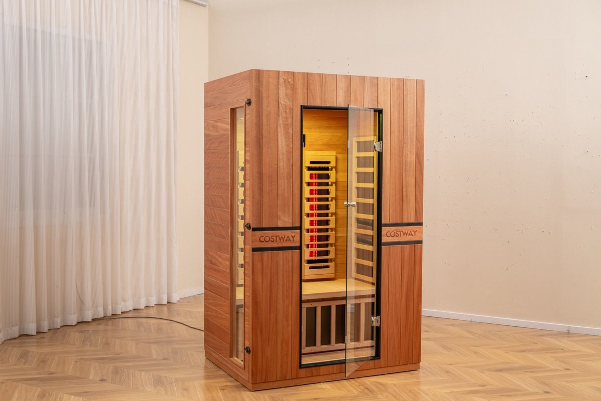 2026 Model-PREORDER-Premium Series-Costway 2-Person Dual Therapy Full Spectrum Infrared Sauna with Red Light Panel($900 Value), WiFi App Control, Chromotherapy & Bluetooth – Okoume Wood- Fully Loaded Indoor Spa