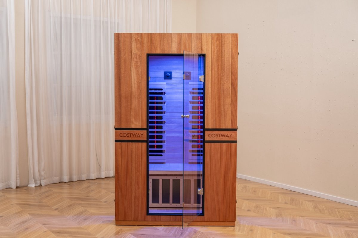 2026 Model-PREORDER-Premium Series-Costway 2-Person Dual Therapy Full Spectrum Infrared Sauna with Red Light Panel($900 Value), WiFi App Control, Chromotherapy & Bluetooth – Okoume Wood- Fully Loaded Indoor Spa