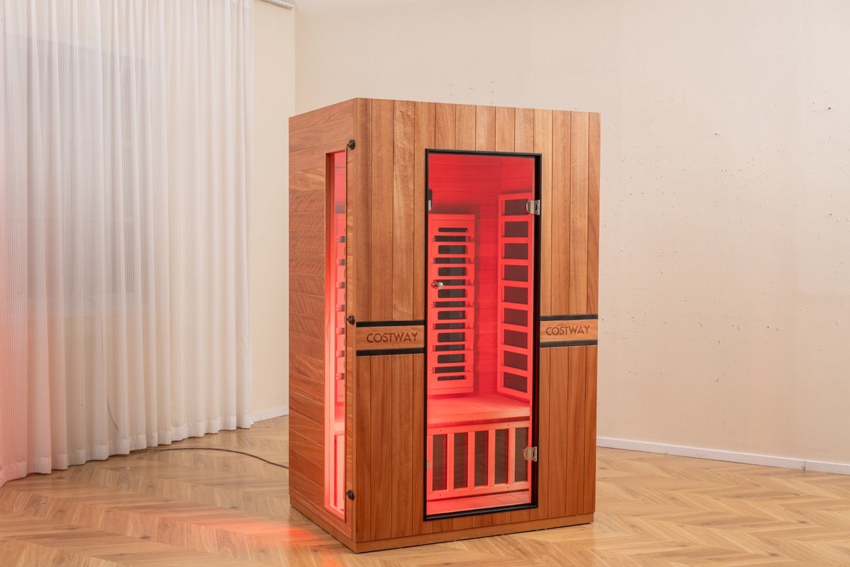 2026 Model-PREORDER-Premium Series-Costway 2-Person Dual Therapy Full Spectrum Infrared Sauna with Red Light Panel($900 Value), WiFi App Control, Chromotherapy & Bluetooth – Okoume Wood- Fully Loaded Indoor Spa