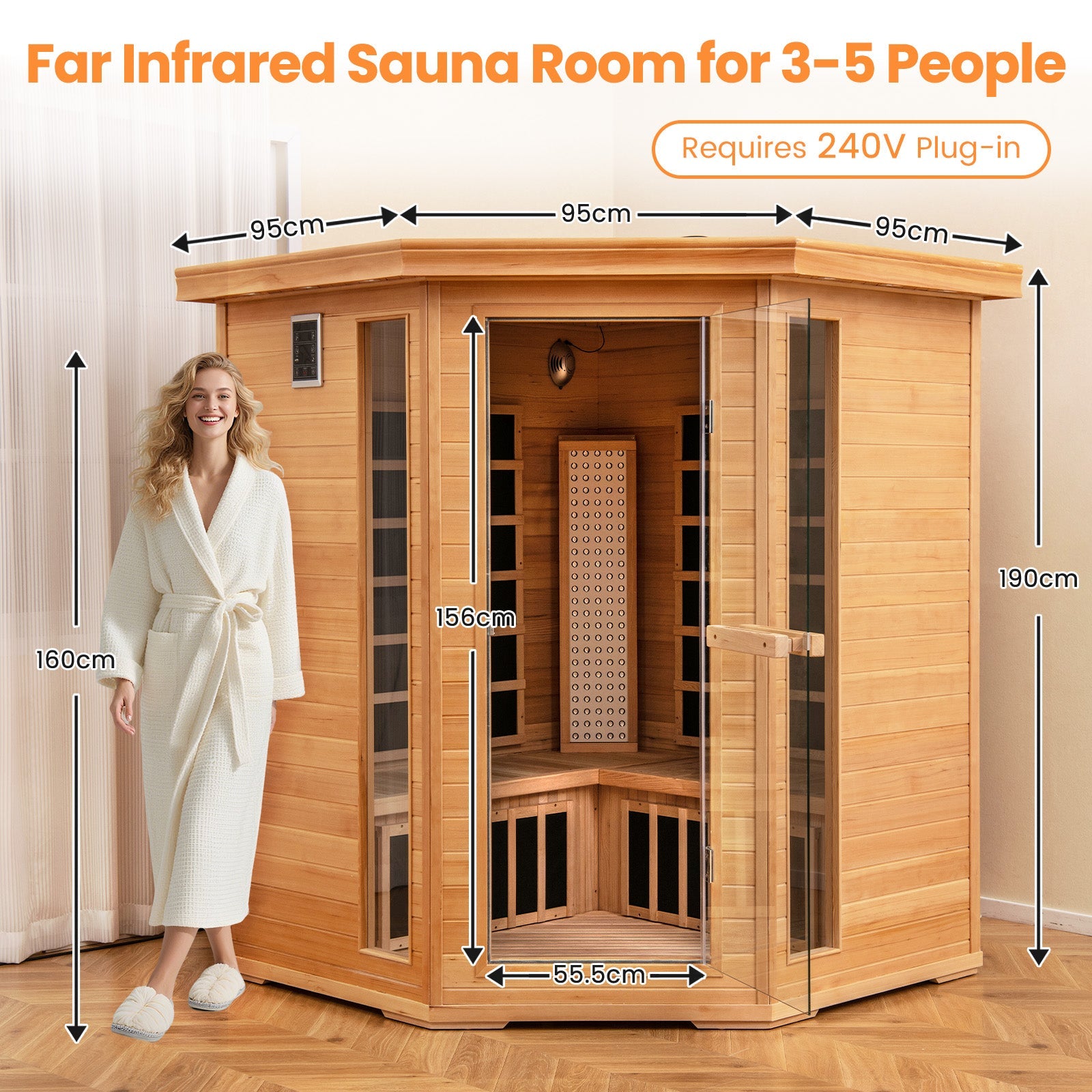 Holiday Sale-NEW 2025 COSTWAY 3D Heat Far Infrared Corner Sauna (3–5 Person) – Canadian Hemlock Wood-Red Light Therapy+Near Infrared-Carbon & Mica Heaters,-Chromotherapy Lighting-Low EMF-Bluetooth Speakers