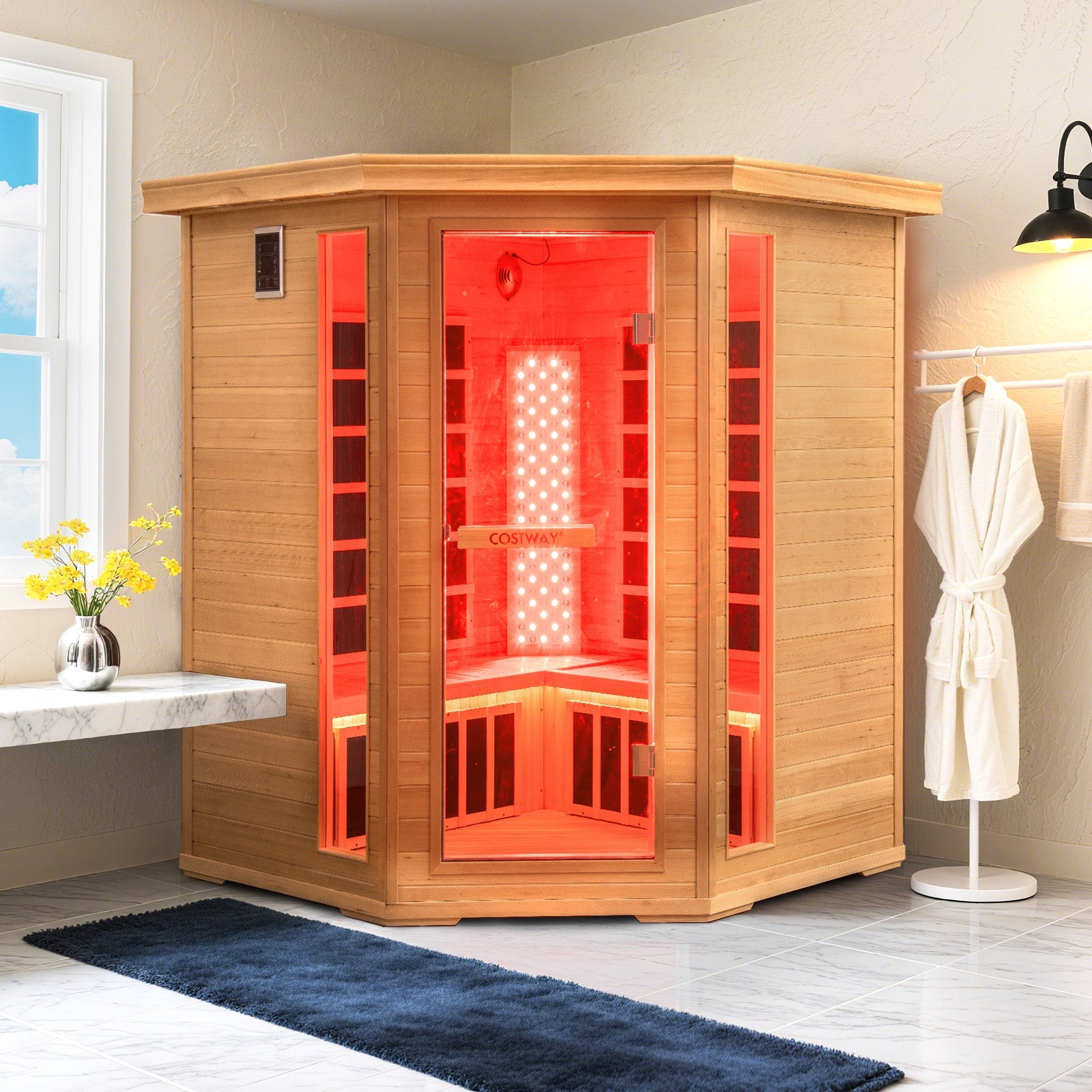 Holiday Sale-NEW 2025 COSTWAY 3D Heat Far Infrared Corner Sauna (3–5 Person) – Canadian Hemlock Wood-Red Light Therapy+Near Infrared-Carbon & Mica Heaters,-Chromotherapy Lighting-Low EMF-Bluetooth Speakers