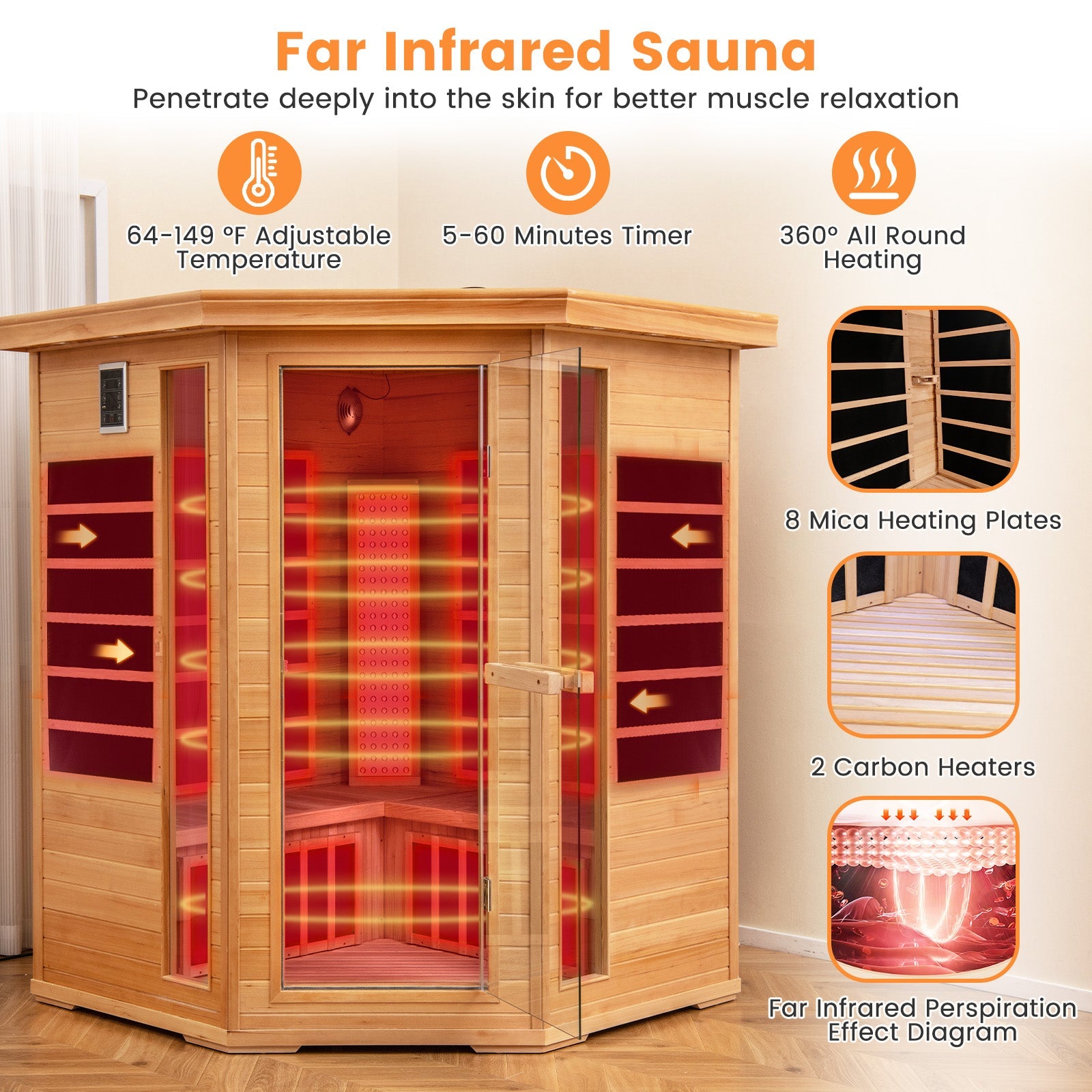 Holiday Sale-NEW 2025 COSTWAY 3D Heat Far Infrared Corner Sauna (3–5 Person) – Canadian Hemlock Wood-Red Light Therapy+Near Infrared-Carbon & Mica Heaters,-Chromotherapy Lighting-Low EMF-Bluetooth Speakers