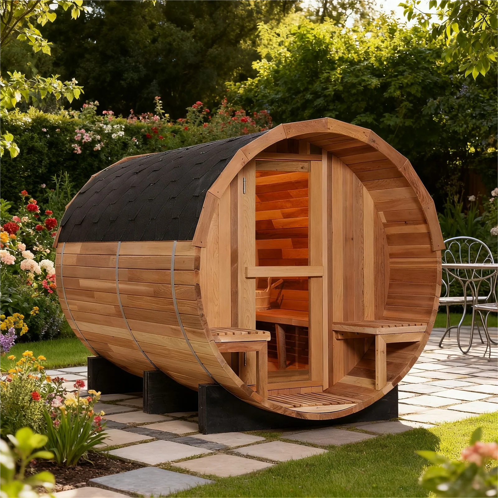6 Person Outdoor Barrel Sauna with Front Porch