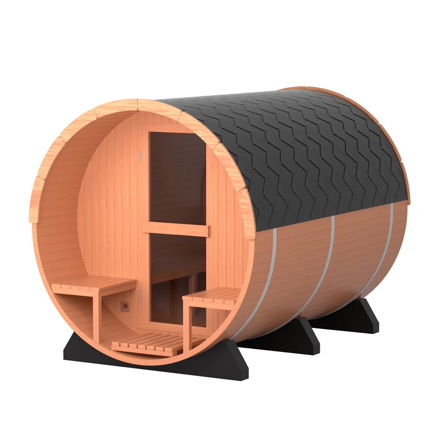 6 Person Outdoor Barrel Sauna w/Front Porch,Patchwork RedCedar Traditional Steam Barrel Sauna Kit w/Half-viewing   Window