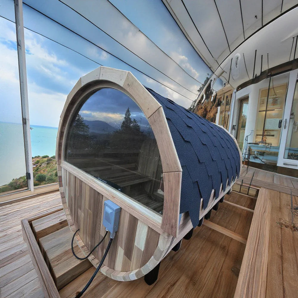 6 Person Outdoor Barrel Sauna w/Front Porch,Patchwork RedCedar Traditional Steam Barrel Sauna Kit w/Half-viewing   Window