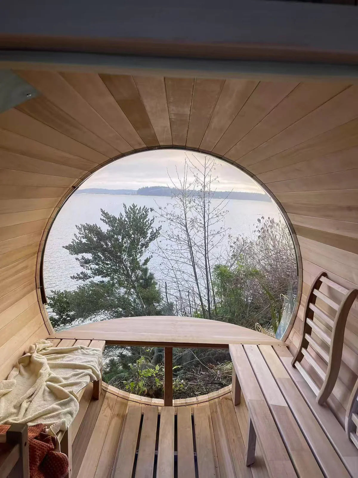 6 Person Woodburning Outdoor barrel sauna w/Front  Porch and Panoramic Glass