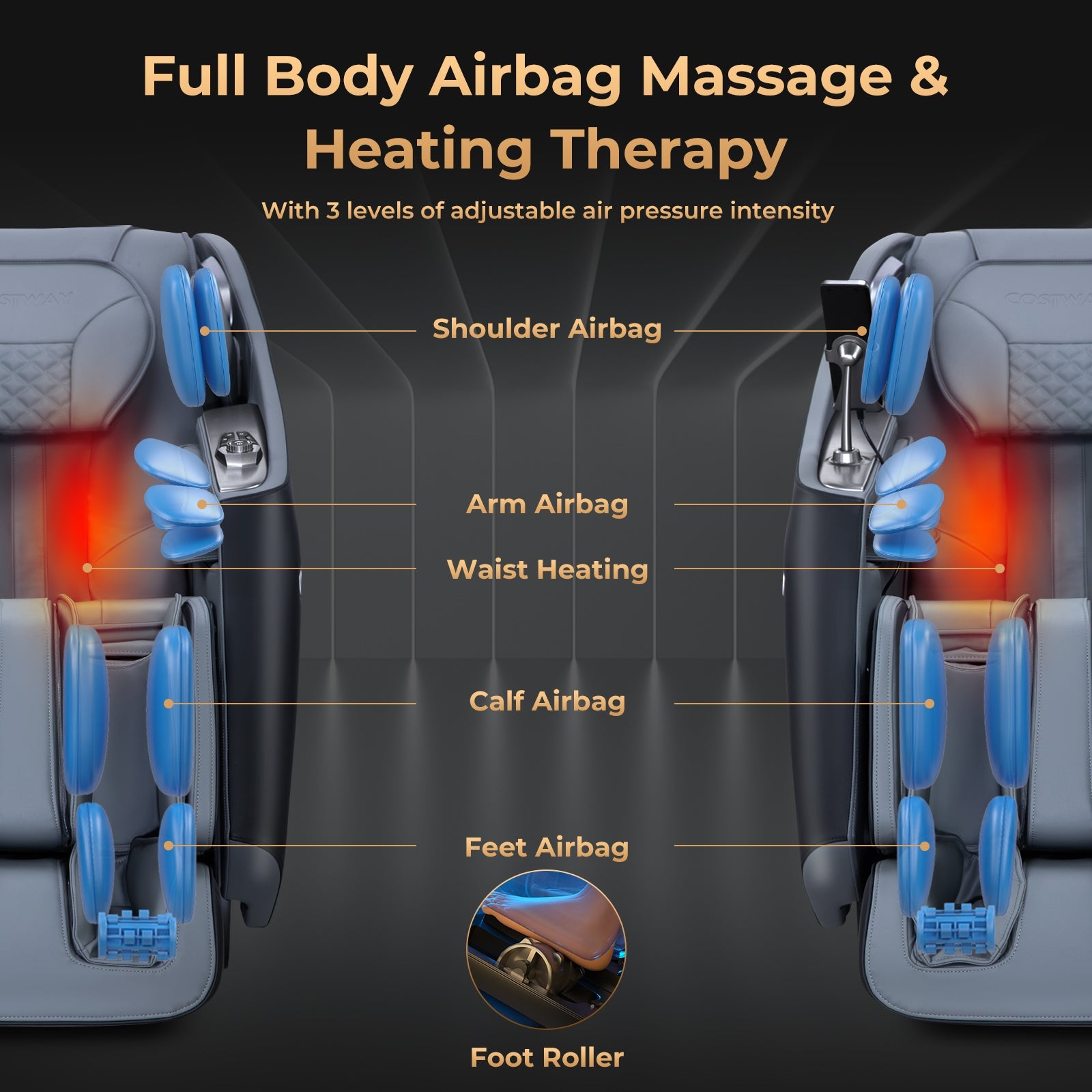 Mega Sale-Costway-2024 Model-Premium 3 Level Zero Gravity Full SL Track, Massage Chair With Heat-JL10029WL