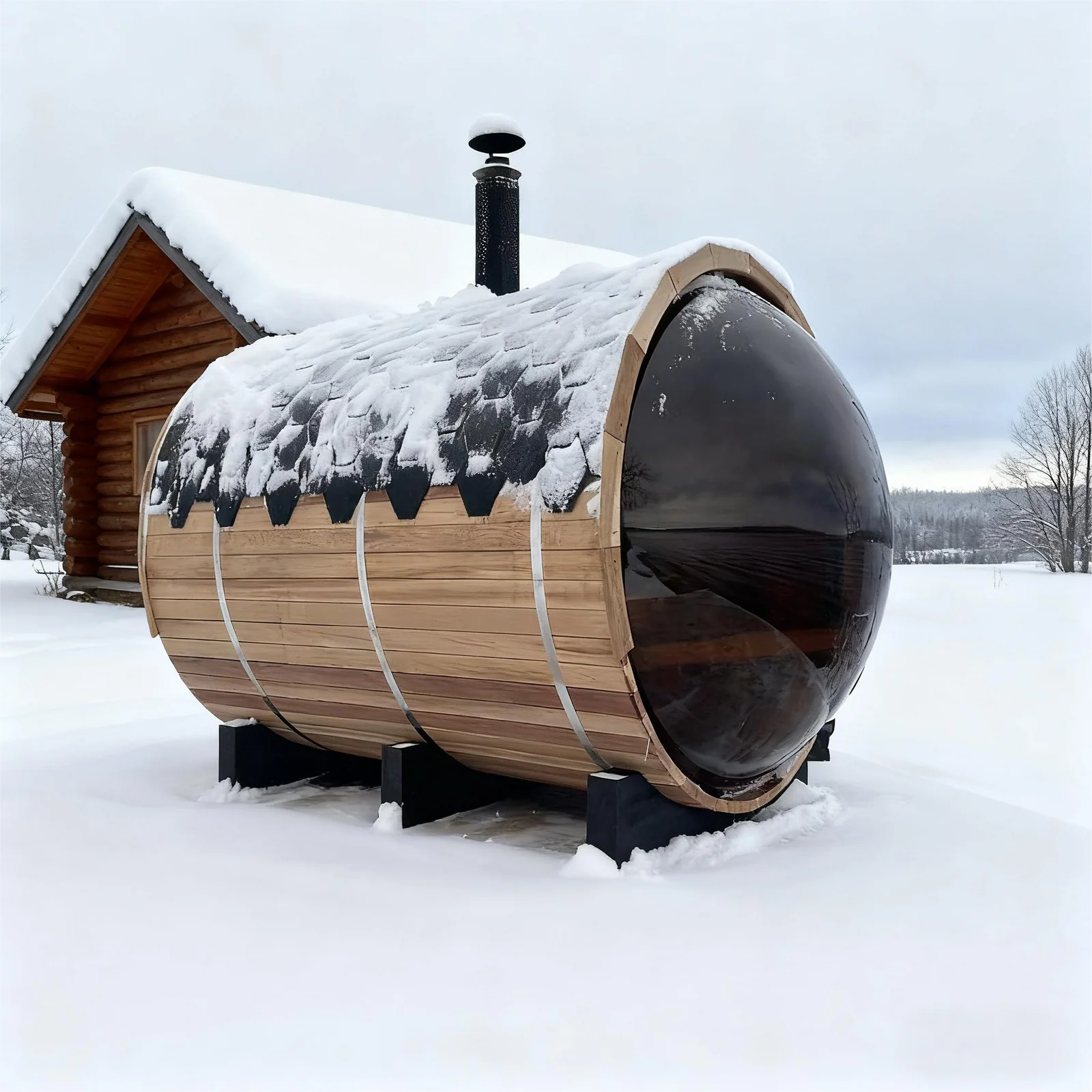 6 Person Woodburning Outdoor barrel sauna w/Front  Porch and Panoramic Glass