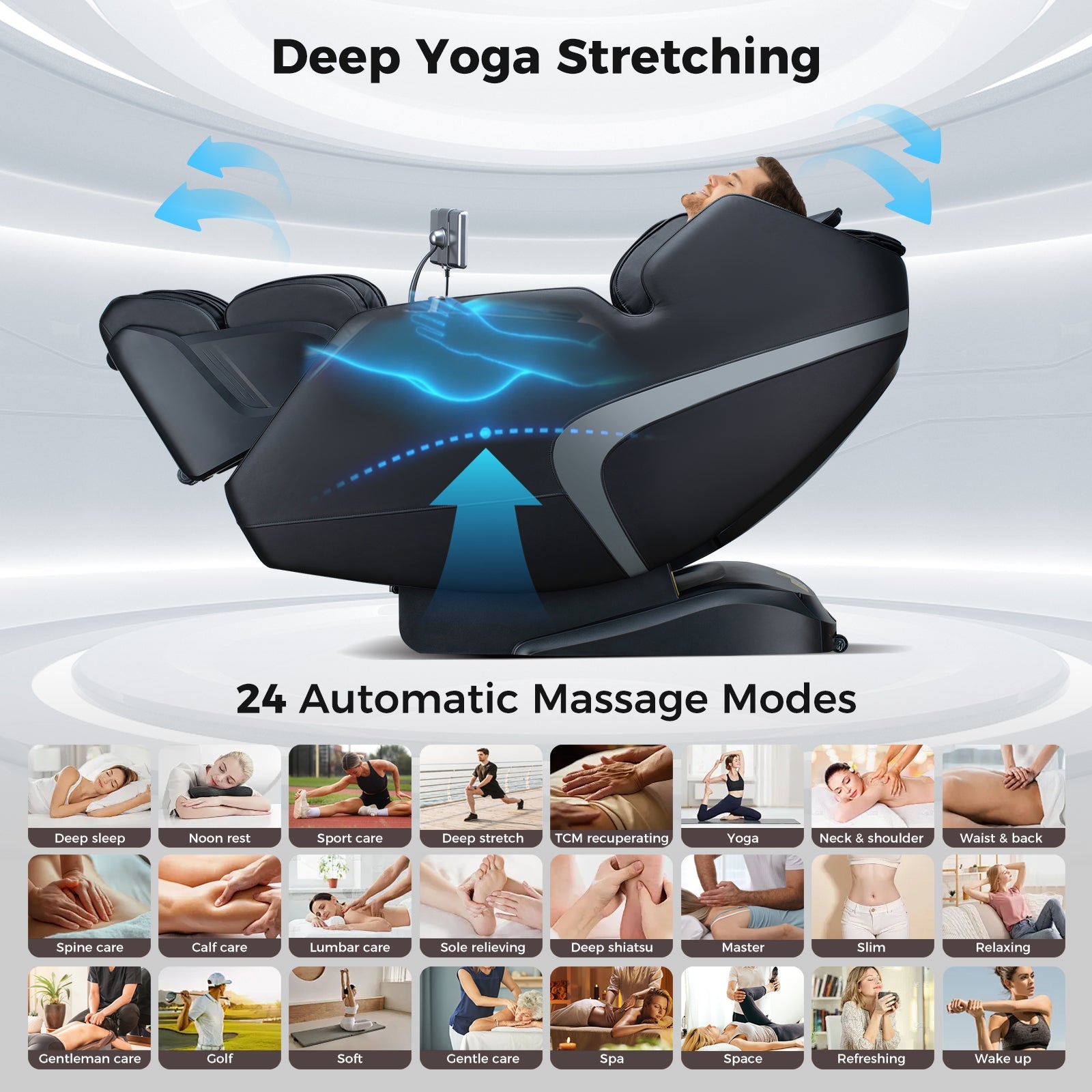 PREORDER-Mega Sale-Costway-4D SL-Track Full Body Massage Chair w/ Zero-Gravity Design, Heated Shawl, Neck & Back & Feet Heater, Calf & Foot Rollers,Magic Calf Rollers, Voice Control, Yoga Stretching, Smart Body Scanning, Touch Screen, Blue-tooth Speaker