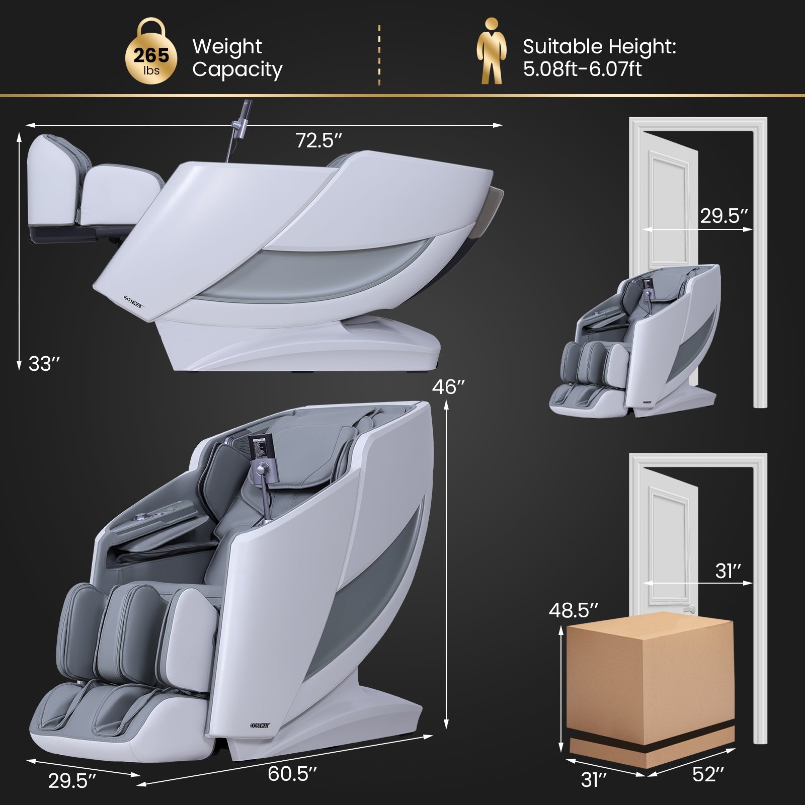 Costway-4D Flexible Track Massage Chair, Full Body Zero Gravity Massage Chair w/ Airbags, Waist Heater, Foot Rollers, Voice Control, Memory Function, Electric Calf Frame, Auto Body Scan, Wireless Charging Station, Thai Stretching- JL10042WL