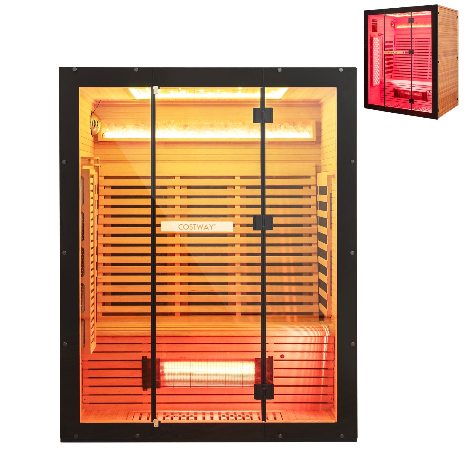 (Open Box) Top Seller-2025 Model-Costway- Premium 3-4 Person Full Spectrum Sauna With Red Light And Himalayan Salt Bar- Fully Loaded-App Controlled-Low EMF
