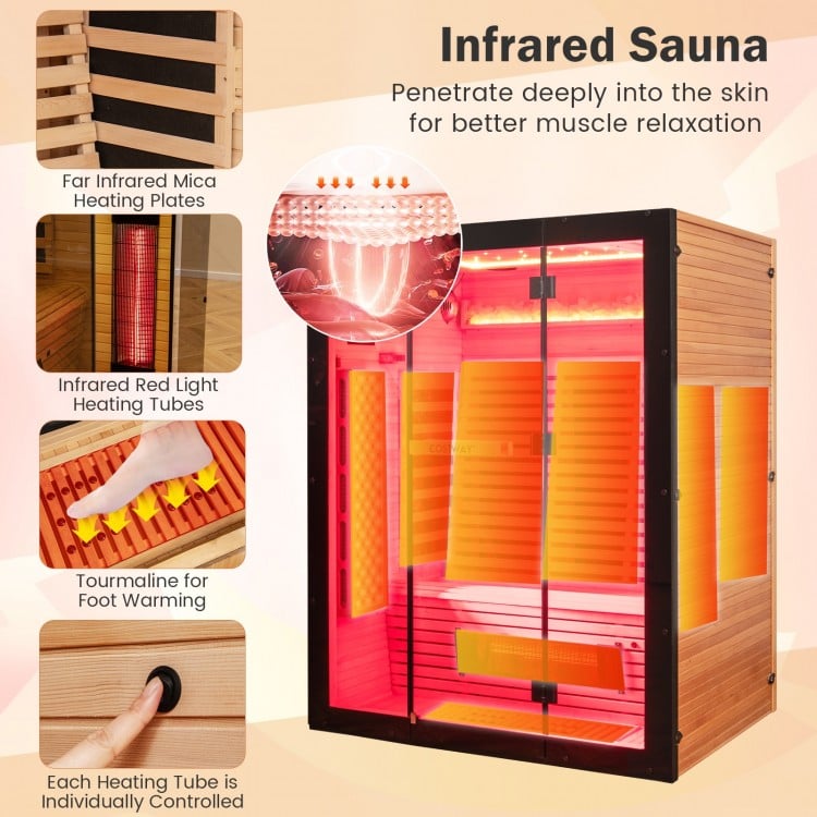 (Open Box) Top Seller-2025 Model-Costway- Premium 3-4 Person Full Spectrum Sauna With Red Light And Himalayan Salt Bar- Fully Loaded-App Controlled-Low EMF