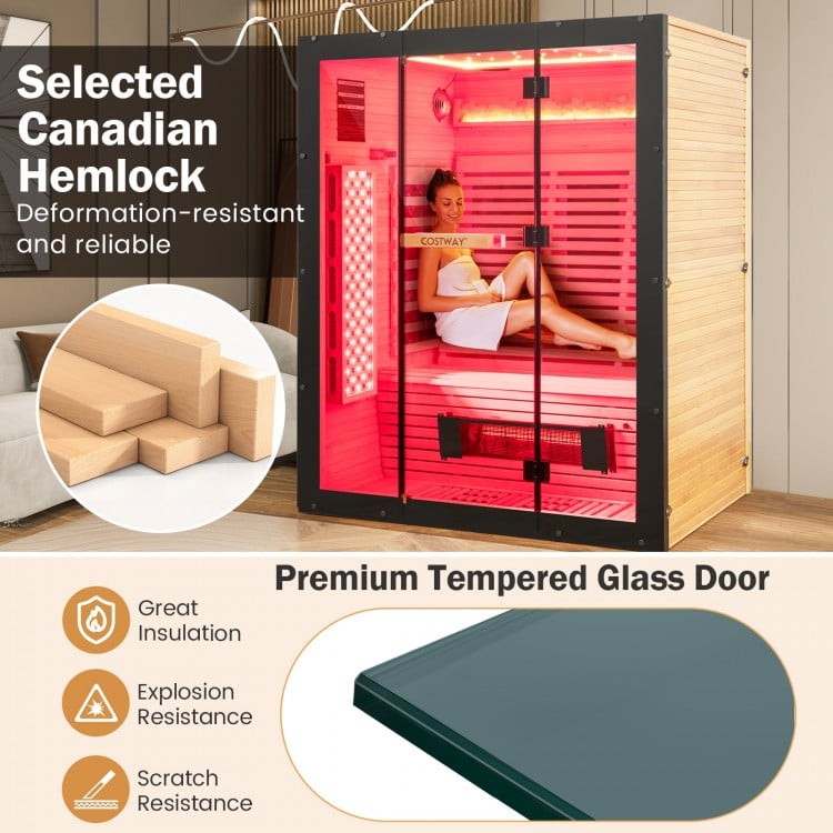 (Open Box) Top Seller-2025 Model-Costway- Premium 3-4 Person Full Spectrum Sauna With Red Light And Himalayan Salt Bar- Fully Loaded-App Controlled-Low EMF