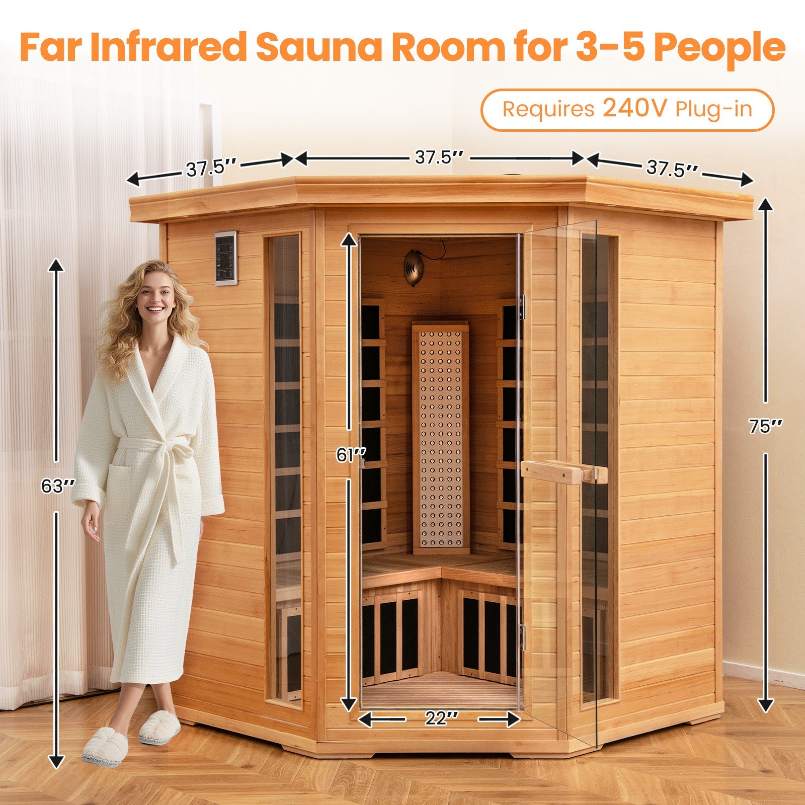 Holiday Sale-NEW 2025 COSTWAY 3D Heat Far Infrared Corner Sauna (3–5 Person) – Canadian Hemlock Wood-Red Light Therapy+Near Infrared-Carbon & Mica Heaters,-Chromotherapy Lighting-Low EMF-Bluetooth Speakers