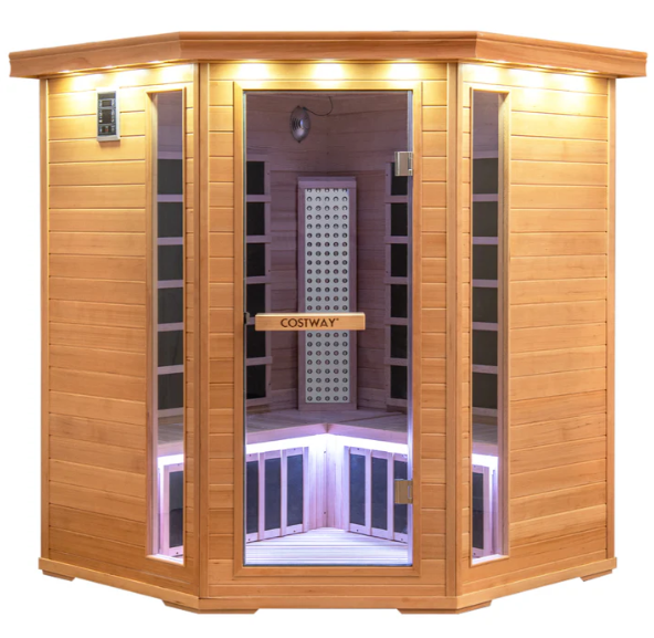 Spa Startup Kit Package – Costway 3-5 Person Infrared Corner Sauna with Bonus Red light Therapy Panel + Ice Barrel 500 Cold Plunge & Commercial Costway 4D Full Body Massage Chair JL10039WL