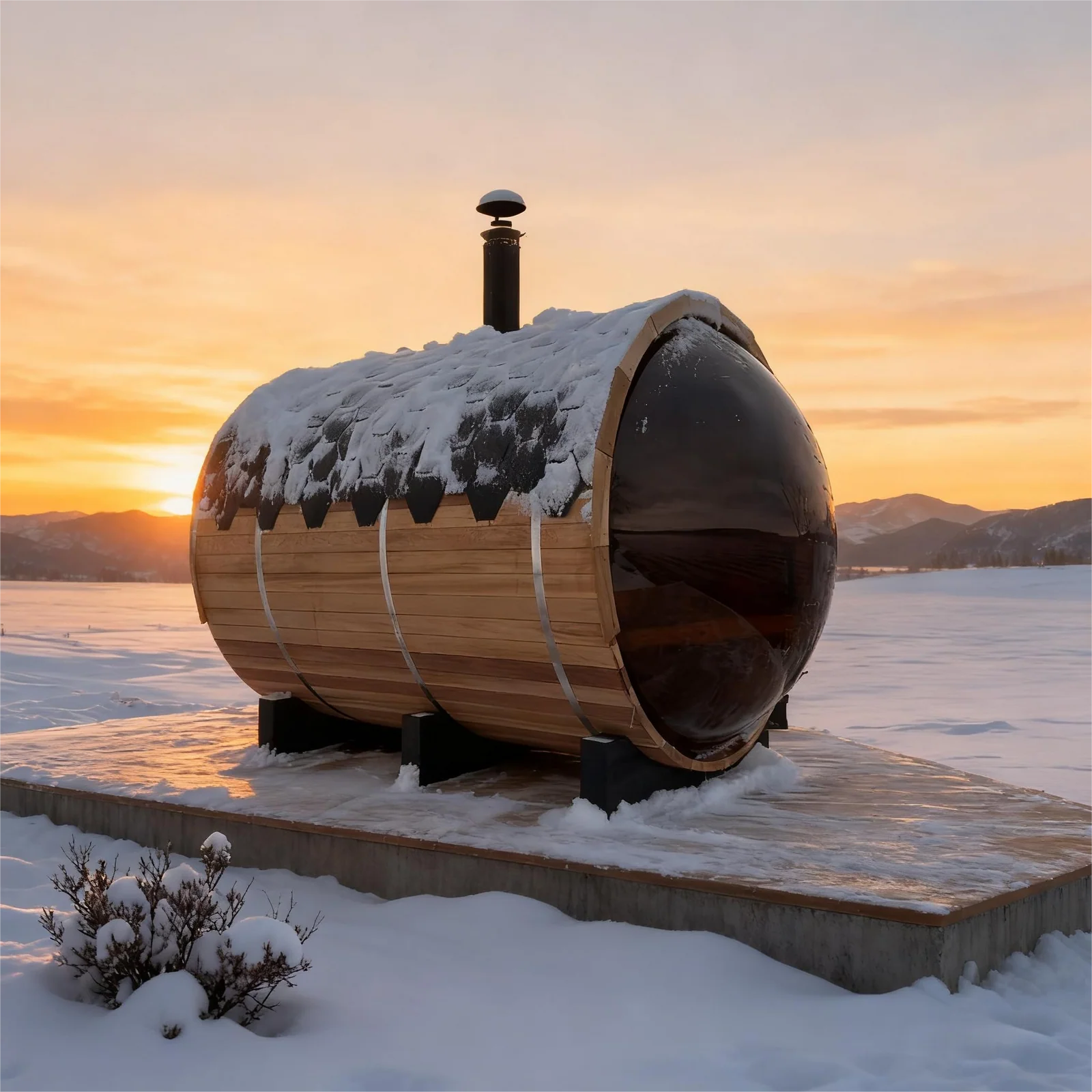6 Person Woodburning Outdoor barrel sauna w/Front  Porch and Panoramic Glass