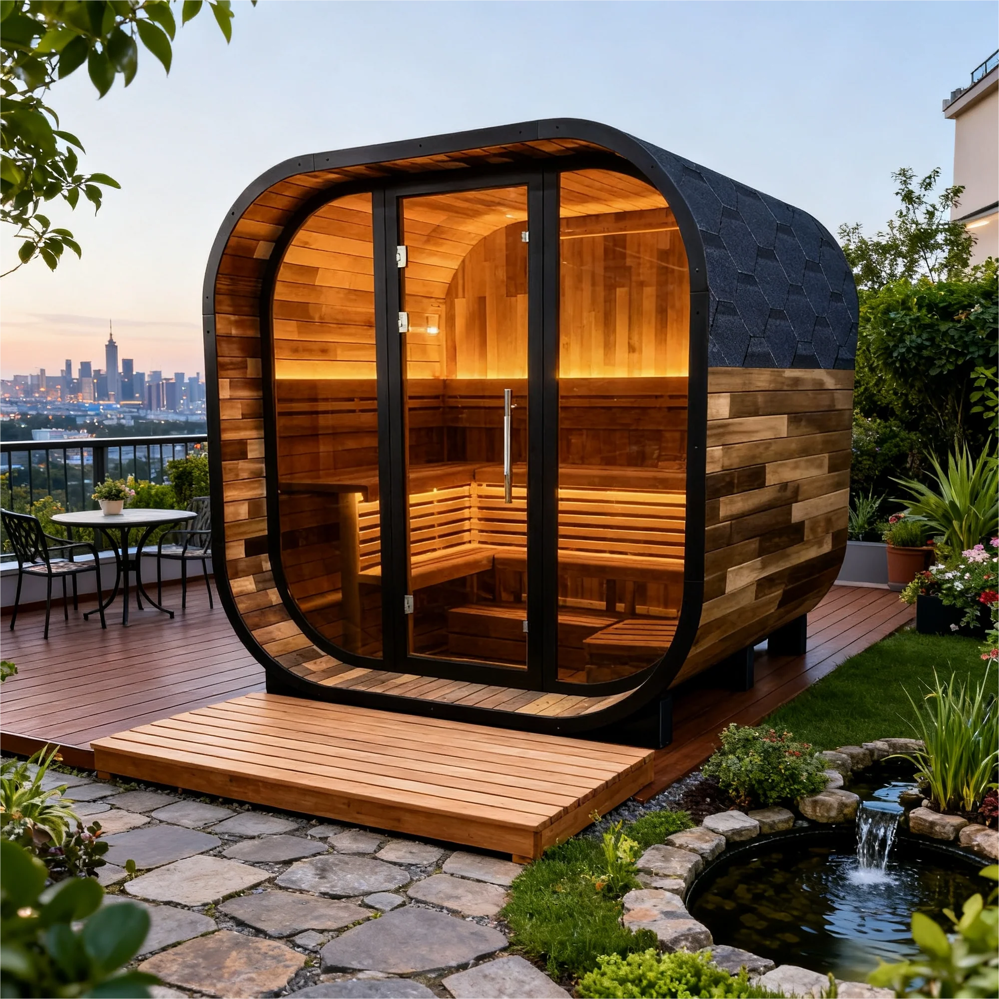 New 4-6person Black Square Premium Patchwork Red Cedar Outdoor Sauna