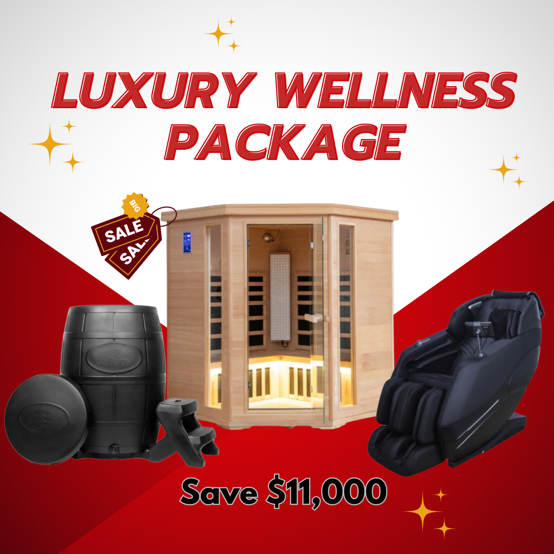 Combo Package - SAVE $11,000- Luxury Wellness Haven: Costway Corner Sauna with Low EMF & Red Light Therapy - ICE BARREL 400 Cold Plunge Tub - IComfort 4D Full Body Massage Chair