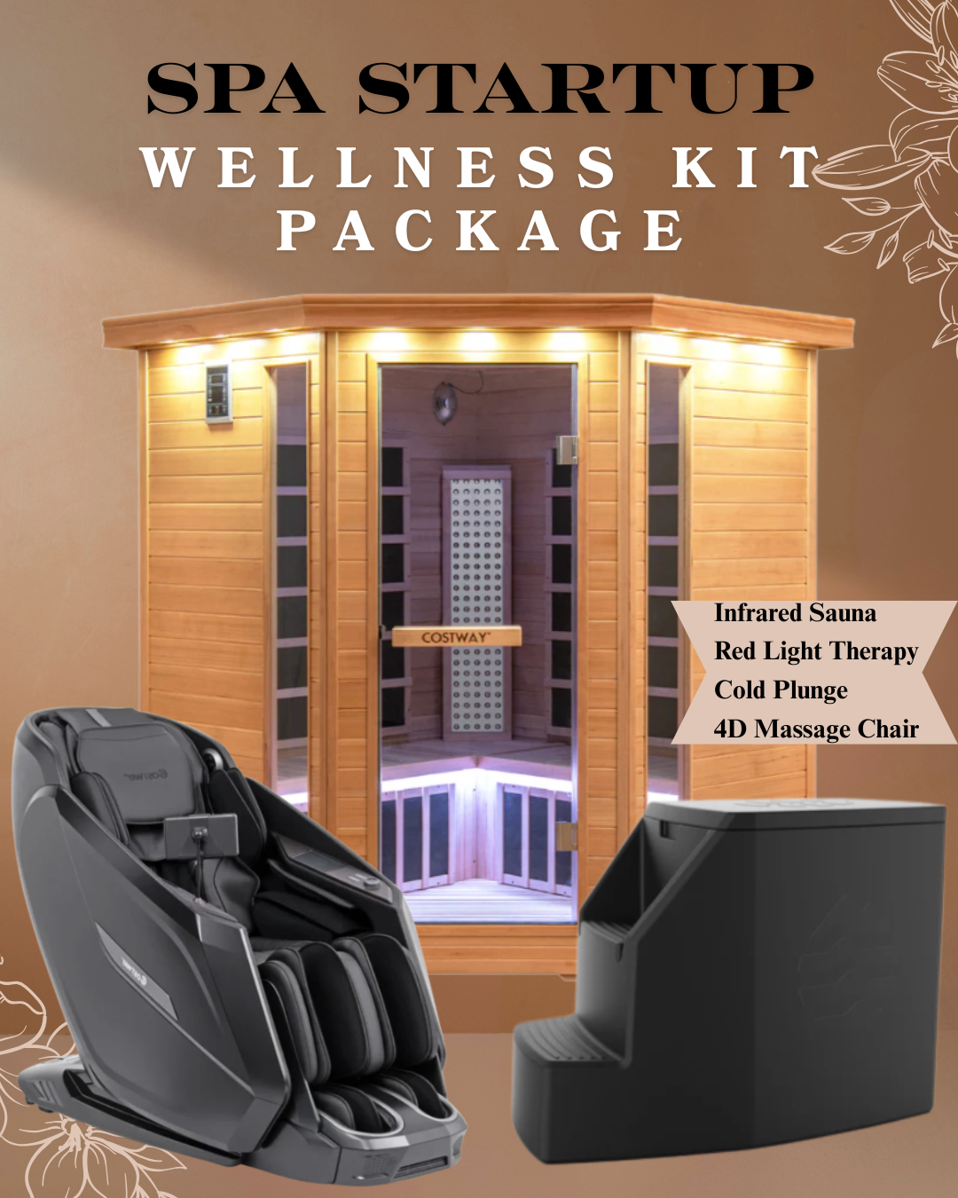 Spa Startup Kit Package – Costway 3-5 Person Infrared Corner Sauna with Bonus Red light Therapy Panel + Ice Barrel 500 Cold Plunge & Commercial Costway 4D Full Body Massage Chair JL10039WL